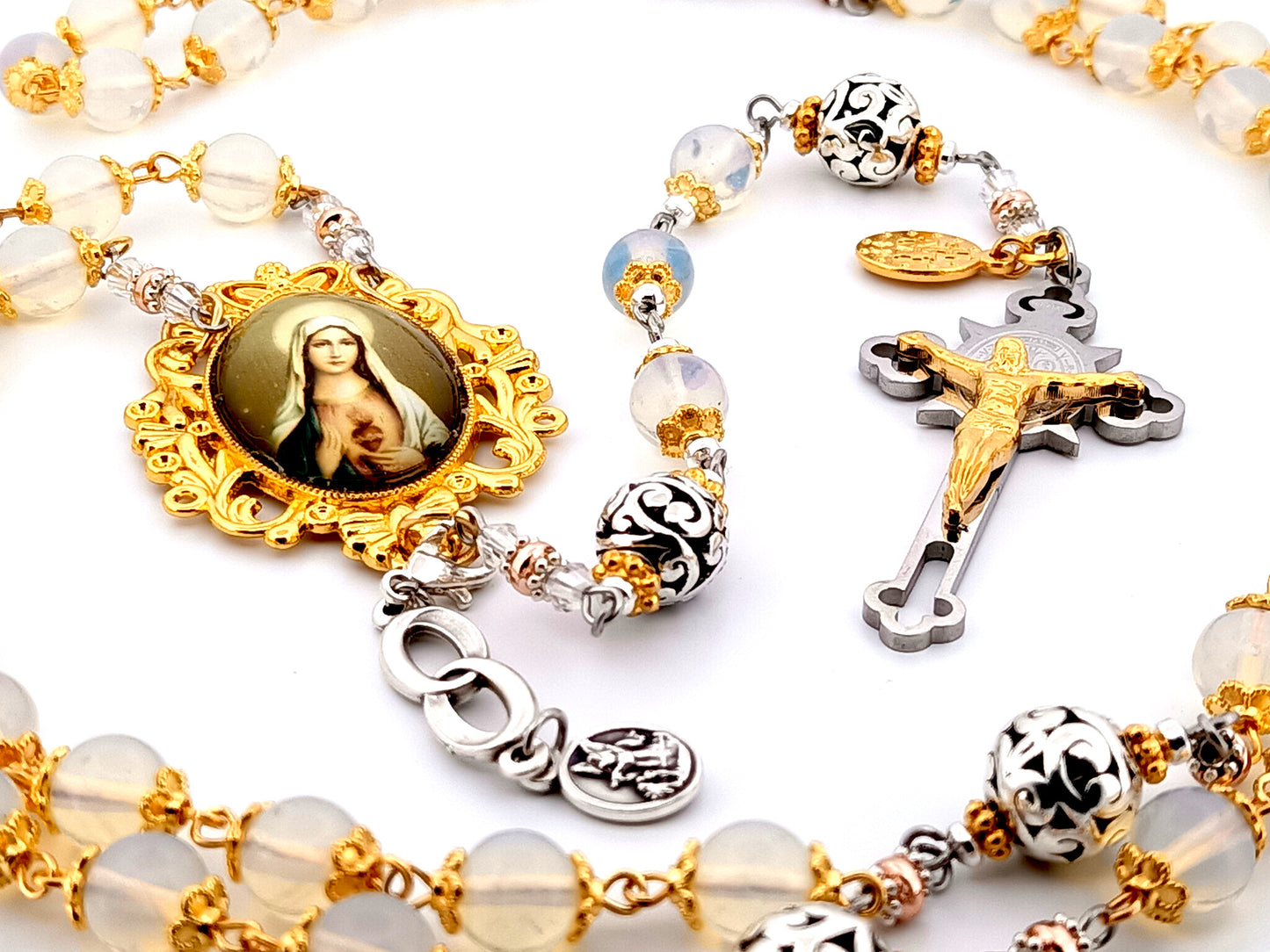 Immaculate Heart of Mary unique rosary beads opal gemstone rosary beads with stainless steel and gold Saint Benedict crucifix.