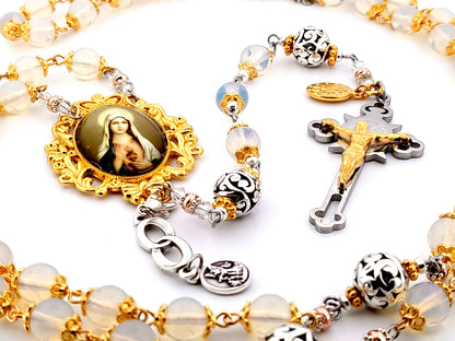 Immaculate Heart of Mary unique rosary beads opal gemstone rosary beads with stainless steel and gold Saint Benedict crucifix.