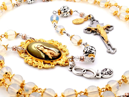 Immaculate Heart of Mary unique rosary beads opal gemstone rosary beads with stainless steel and gold Saint Benedict crucifix.