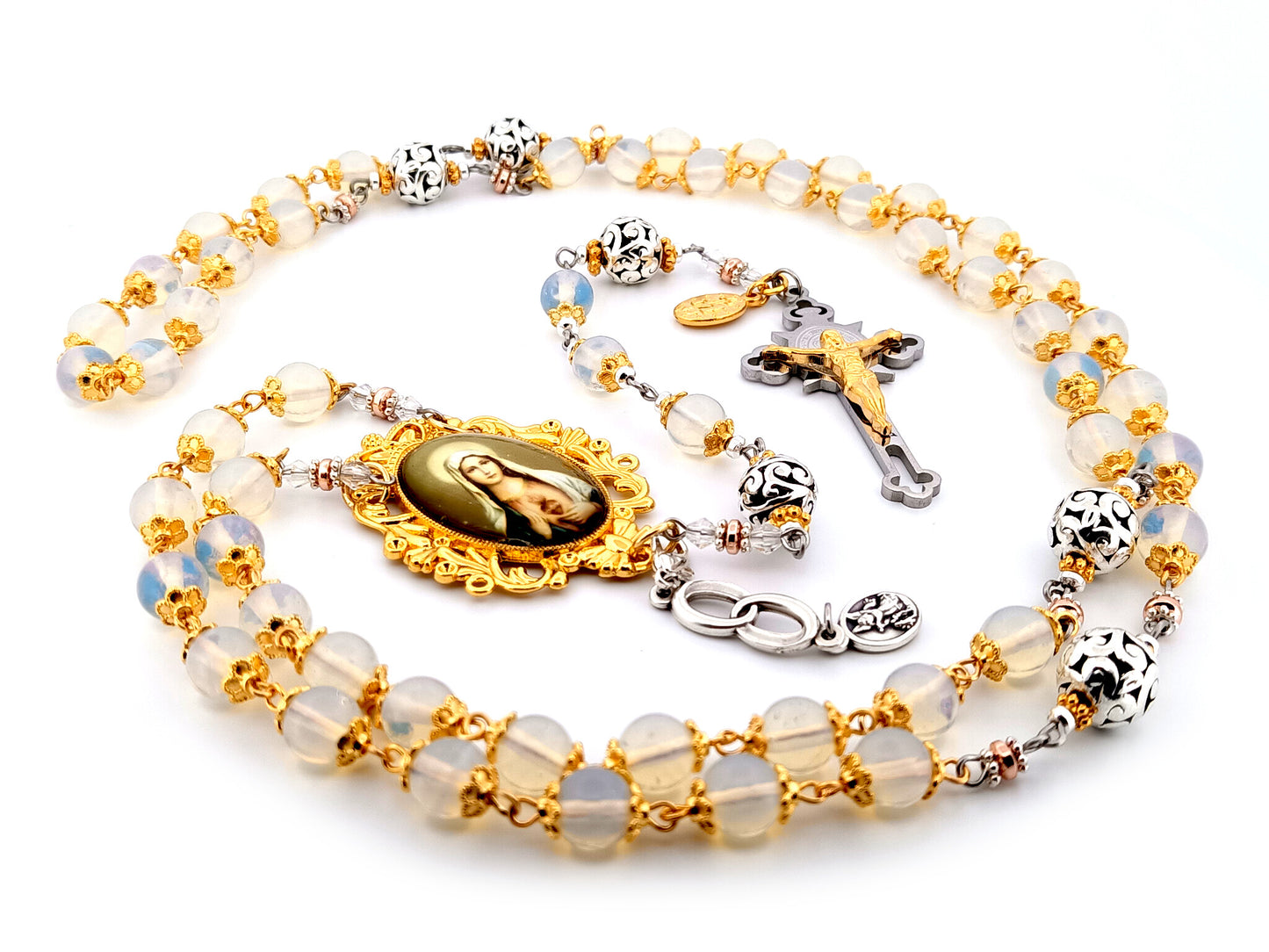 Immaculate Heart of Mary unique rosary beads opal gemstone rosary beads with stainless steel and gold Saint Benedict crucifix.