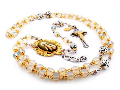 Immaculate Heart of Mary unique rosary beads opal gemstone rosary beads with stainless steel and gold Saint Benedict crucifix.