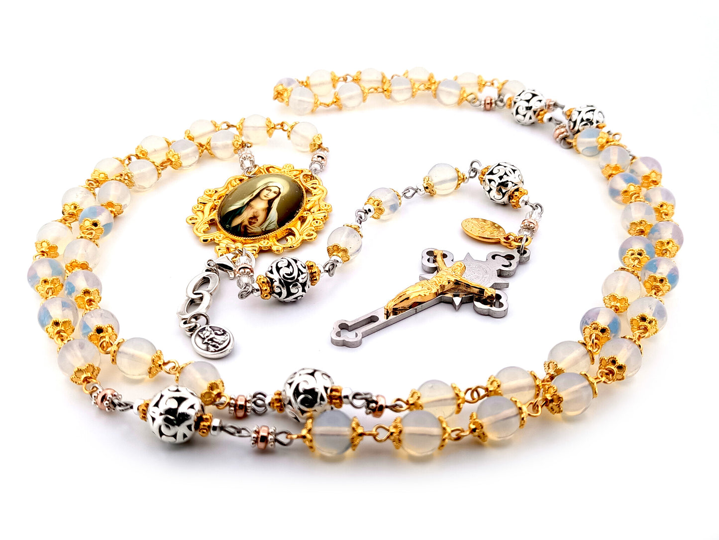 Immaculate Heart of Mary unique rosary beads opal gemstone rosary beads with stainless steel and gold Saint Benedict crucifix.