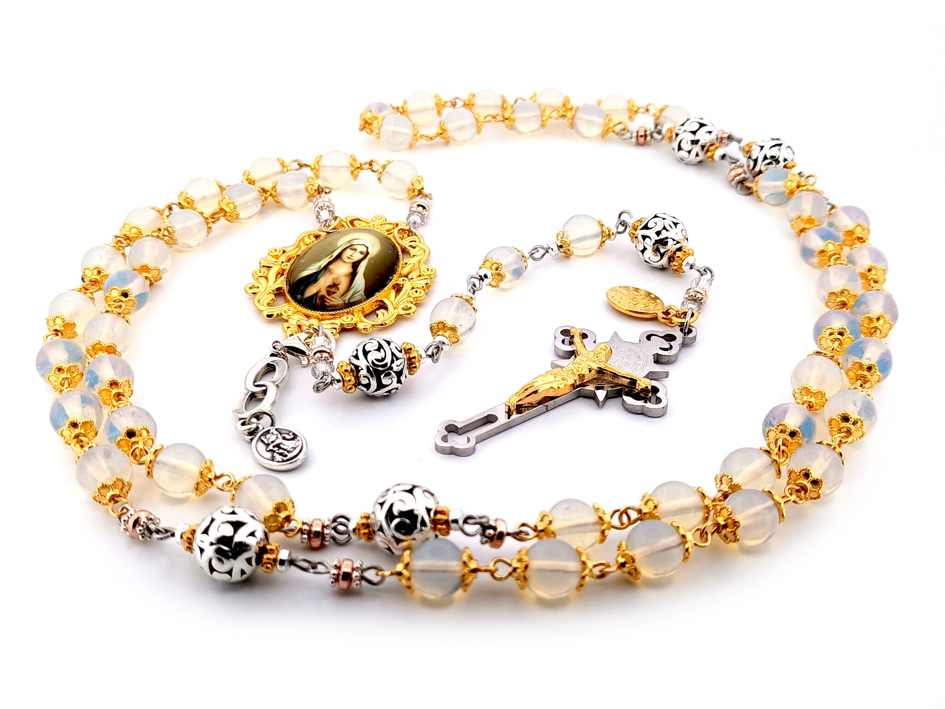Immaculate Heart of Mary unique rosary beads opal gemstone rosary beads with stainless steel and gold Saint Benedict crucifix.
