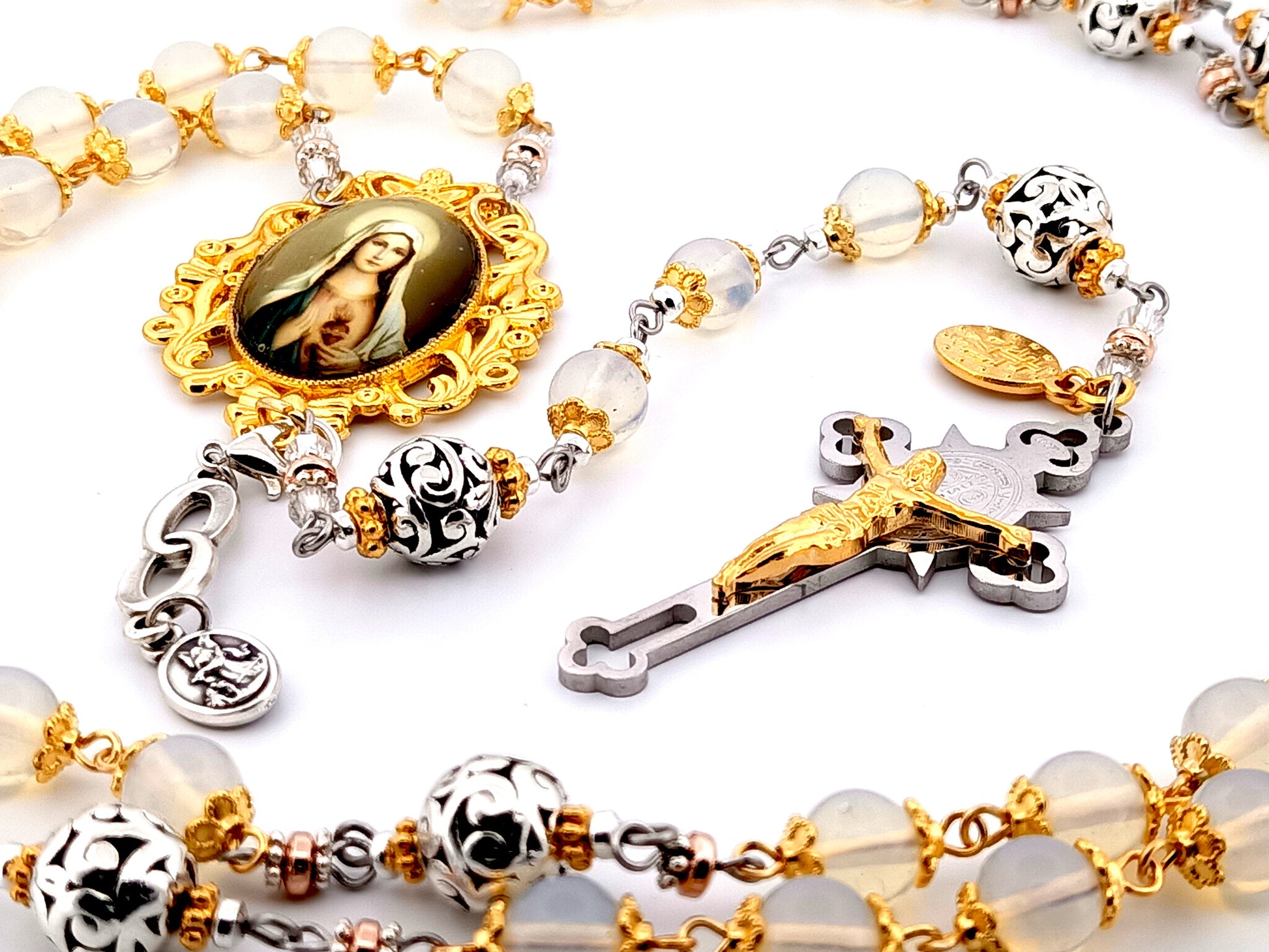 Immaculate Heart of Mary unique rosary beads opal gemstone rosary beads with stainless steel and gold Saint Benedict crucifix.