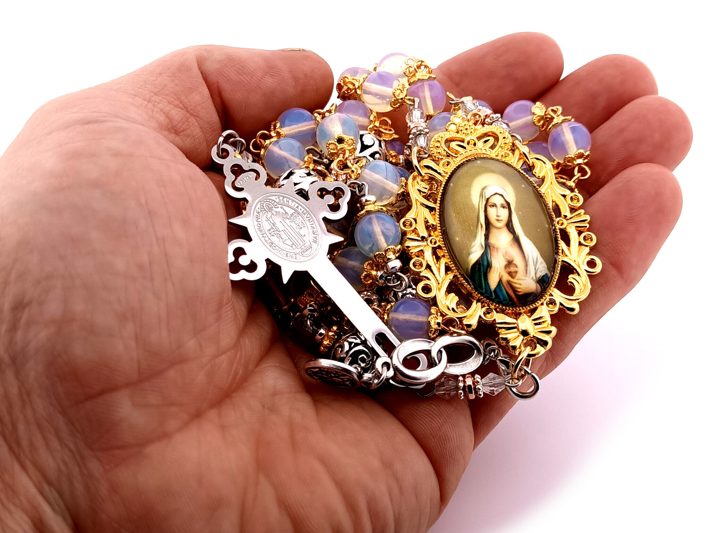 Immaculate Heart of Mary unique rosary beads opal gemstone rosary beads with stainless steel and gold Saint Benedict crucifix.