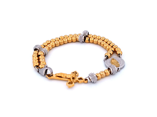 Saint Benedict medal unique rosary beads gold plated stainless steel wearable 5 decade rosary bracelet with Saint Benedict crucifix