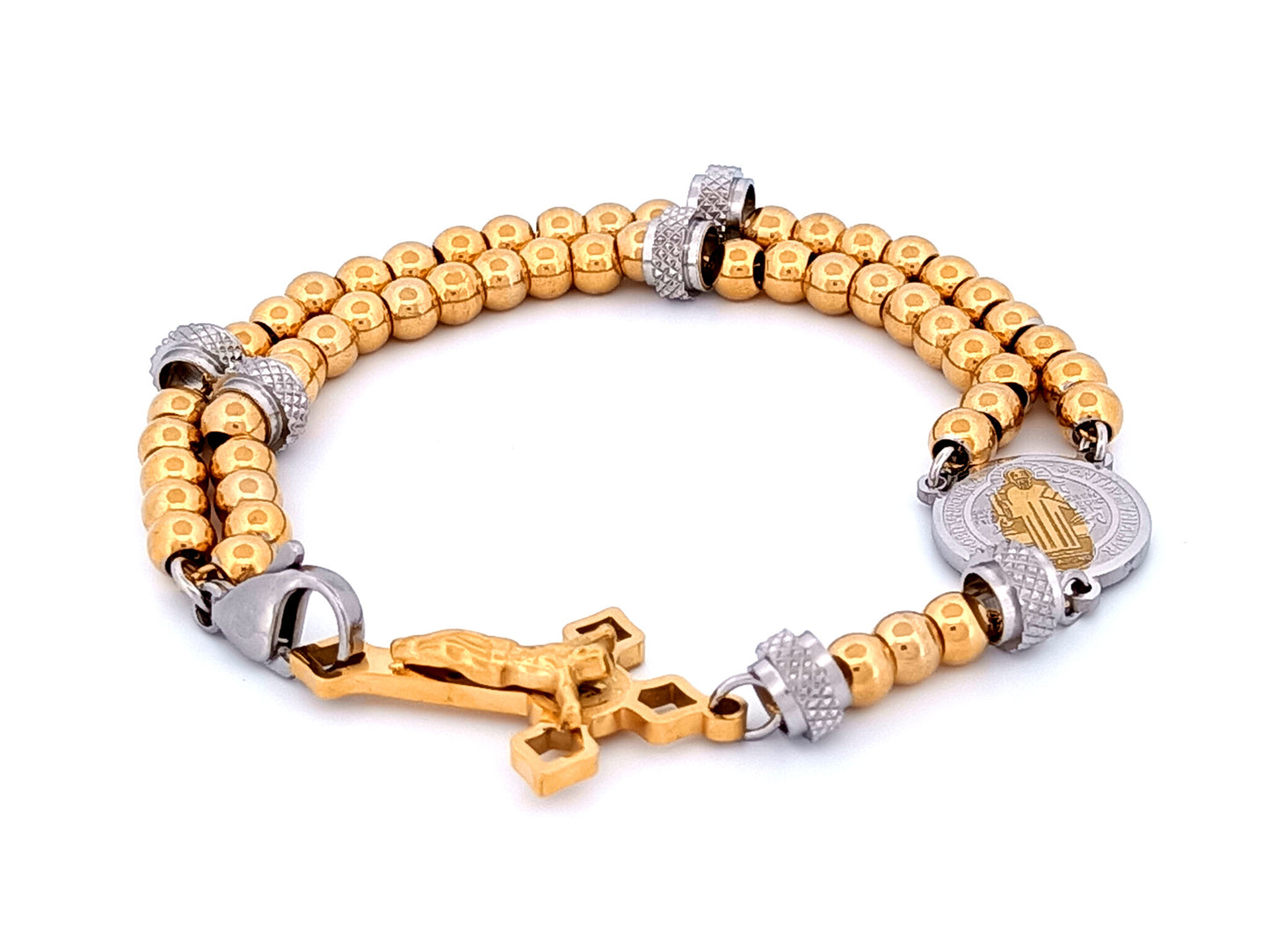 Saint Benedict medal unique rosary beads gold plated stainless steel wearable 5 decade rosary bracelet with Saint Benedict crucifix