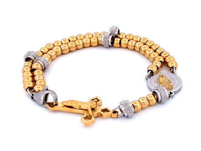 Saint Benedict medal unique rosary beads gold plated stainless steel wearable 5 decade rosary bracelet with Saint Benedict crucifix