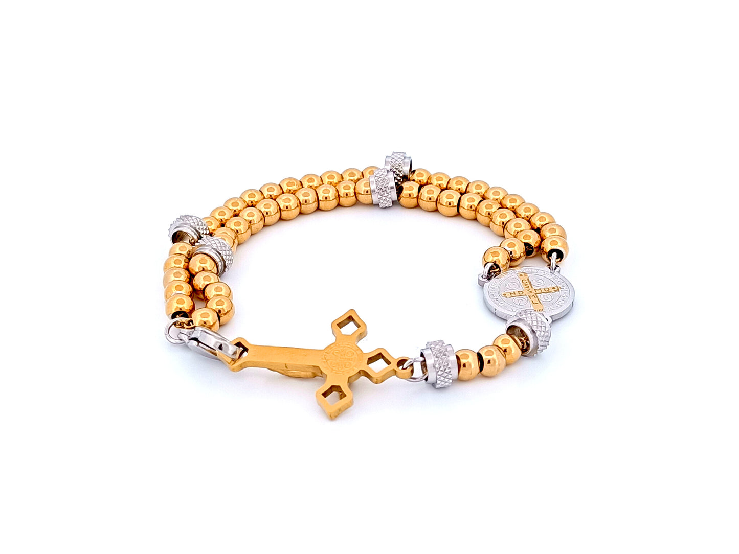 Saint Benedict medal unique rosary beads gold plated stainless steel wearable 5 decade rosary bracelet with Saint Benedict crucifix