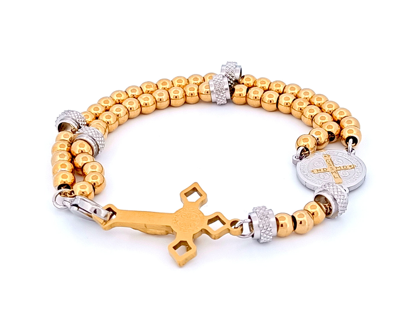 Saint Benedict medal unique rosary beads gold plated stainless steel wearable 5 decade rosary bracelet with Saint Benedict crucifix