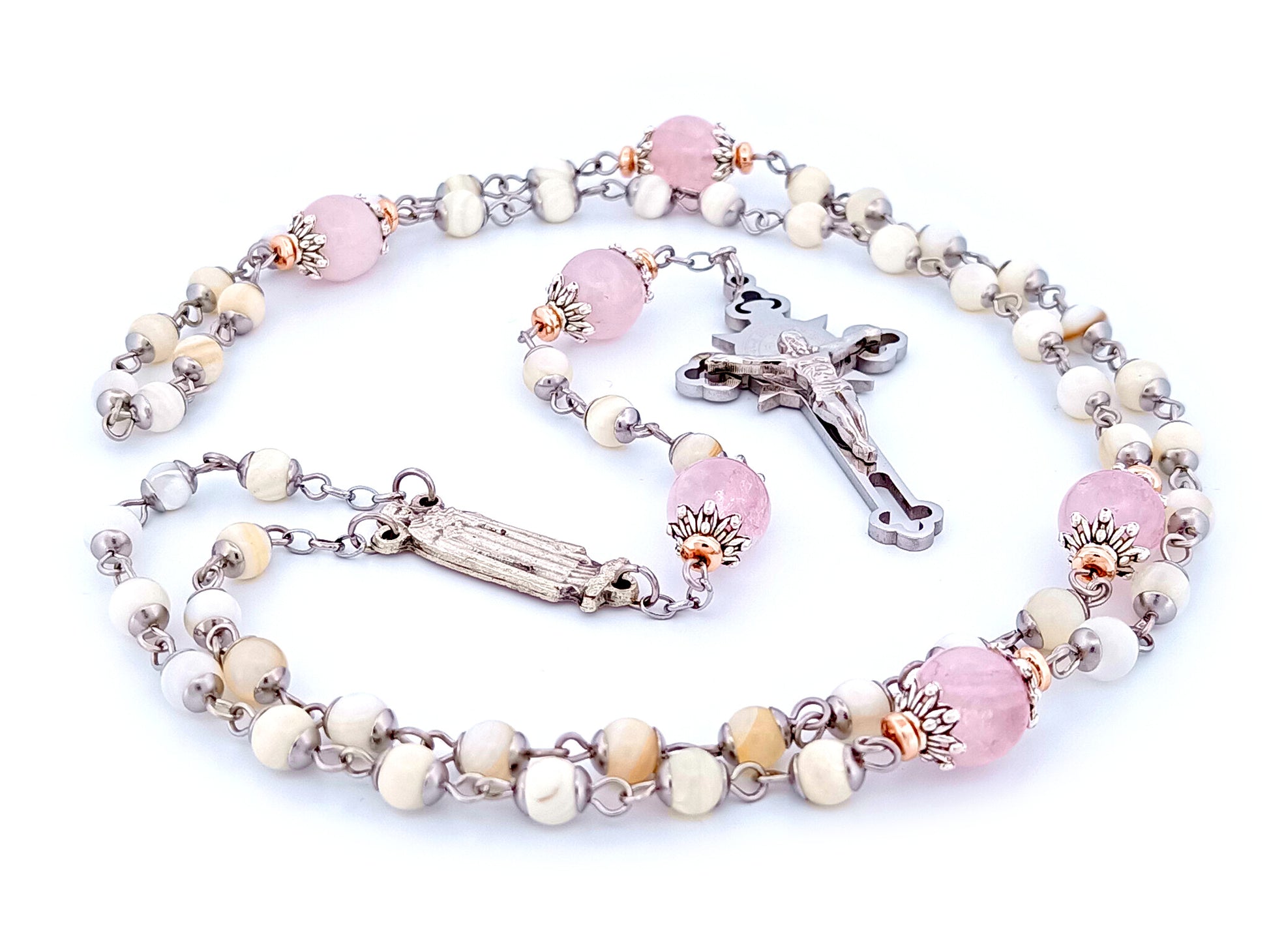 Saint Therese of Lisieux unique rosary beads mother of pearl and rose quartz gemstone rosary beads with Saint Benedict crucifix. 