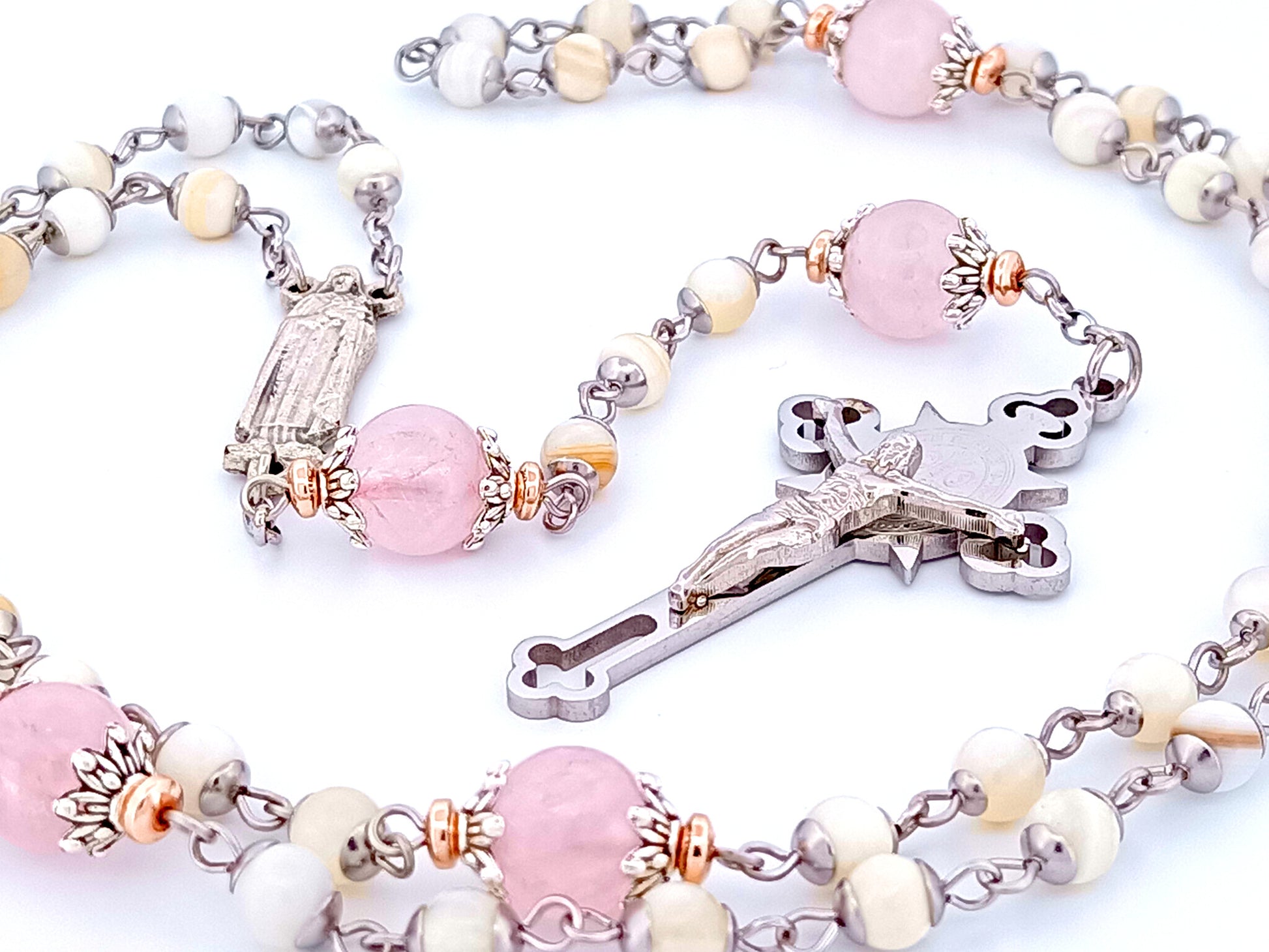 Saint Therese of Lisieux unique rosary beads mother of pearl and rose quartz gemstone rosary beads with Saint Benedict crucifix. 