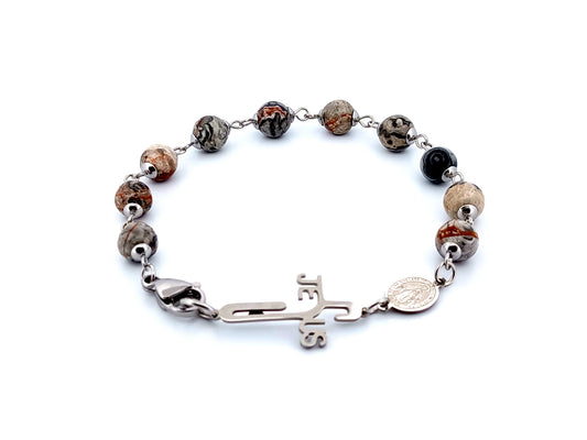 Mens jasper unique rosary beads single decade rosary bead bracelet with stainless steel Miraculous medal and linking Jesus medal.