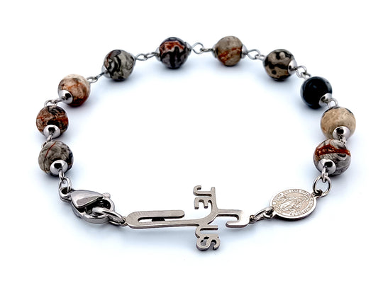 Mens jasper unique rosary beads single decade rosary bead bracelet with stainless steel Miraculous medal and linking Jesus medal.