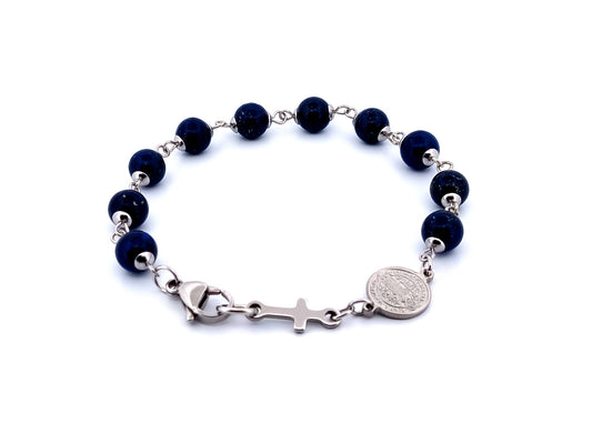 Saint Benedict unique rosary beads Lapis Lazuli gemstone mens rosary beads bracelet with stainless steel linking cross.