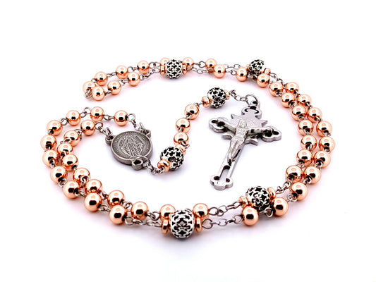 Miraculous medal unique rosary beads rose gold hematite gemstone rosary beads with stainless steel Saint Benedict crucifix.