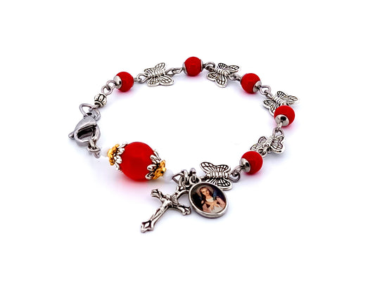Saint Philomena unique rosary beads jasper gemstone and silver butterfly single decade rosary bracelet with ruby gemstone Our Father beads.