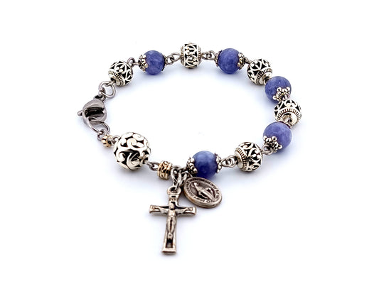 Miraculous medal silver and gemstone unique rosary beads single decade rosary bracelet with stainless steel wire and clasp with small silver crucifix.