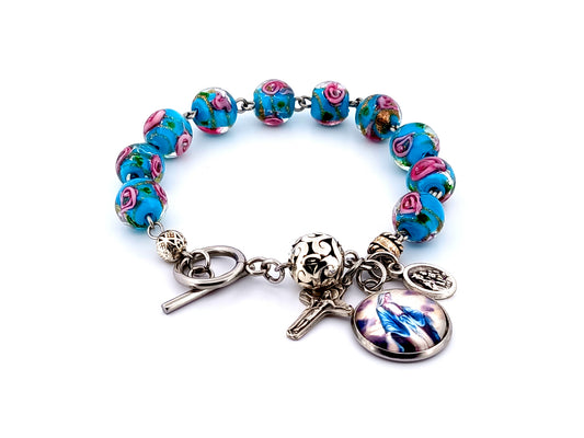 Floral glass unique rosary beads single decade rosary beads bracelet with Our Lady of Grace medal and Brown Scapular medal.