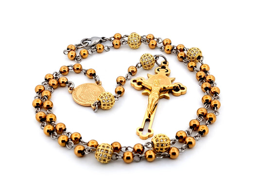 Miraculous medal unique rosary beads stainless steel and crystal wearable rosary beads necklace with gold plated Saint Benedict crucifix.