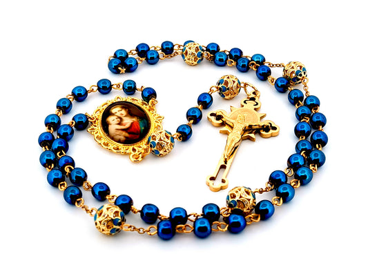 Virgin Mary and Baby Jesus unique rosary beads hematite gemstone rosary beads with gold and enamel filigree beads 