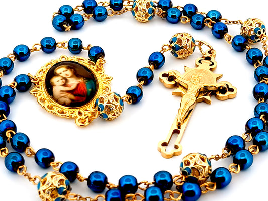 Virgin Mary and Baby Jesus unique rosary beads hematite gemstone rosary beads with gold and enamel filigree beads