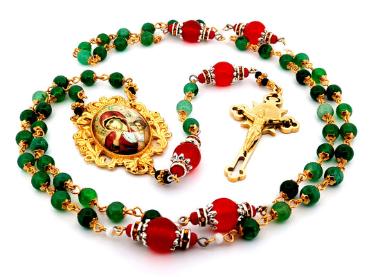 Our Lady of Perpetual Help unique rosary beads agate gemstone rosary beads with gold plated Saint Benedict crucifix and ruby gemstones.