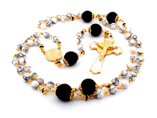 Gold plated Miraculous medal unique rosary beads howlite and onyx gemstone rosary beads with gold plated and enamel Saint Benedict crucifix.