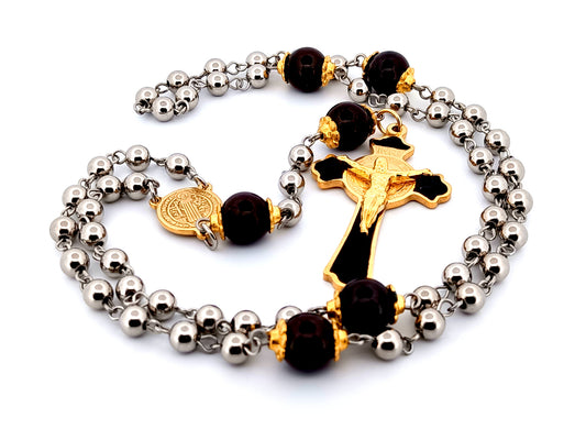 Saint Benedict unique rosary beads stainless steel and onyx gemstone rosary beads with gold and black enamel crucifix.