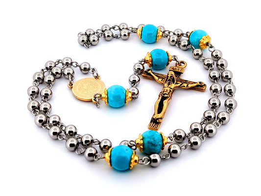 Saint Benedict stainless steel and turquoise unique rosary beads gemstone rosary beads with gold plated stainless steel crucifix.