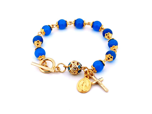 Miraculous medal blue glass and gold unique rosary beads single decade rosary bead bracelet with bar and toggle clasp.
