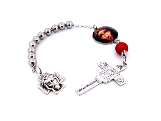 The Holy Face of Jesus unique rosary beads gemstone and stainless steel single decade rosary beads with silver Holy Face crucifix.