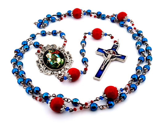 Saint George unique rosary beads electro plated hematite gemstone rosary beads with blue enamel Holy Spirit crucifix.