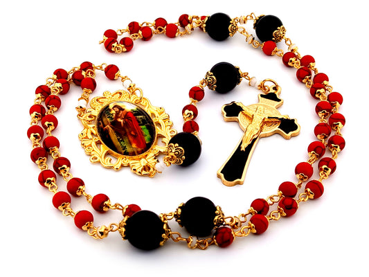 Jesus the Good Shepard unique rosary beads gemstone rosary beads with gold and enamel Saint Benedict crucifix and large onyx beads.