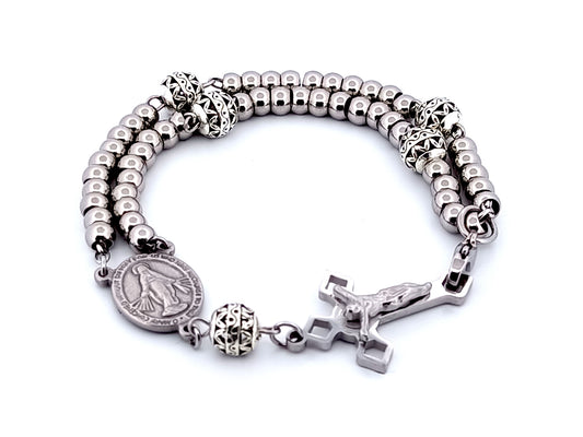 Miraculous medal unique rosary beads stainless steel wearable 5 decade rosary bracelet with Saint Benedict crucifix.