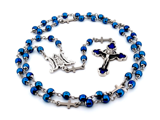 Divine Mercy unique rosary beads gemstone rosary beads with rose enamel crucifix and stainless steel linking crosses.