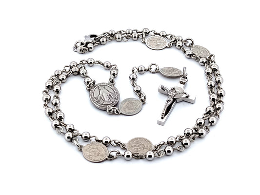 Miniature Miraculous unique rosary beads medal stainless steel wearable rosary bead necklace with stainless steel Saint Benedict crucifix.