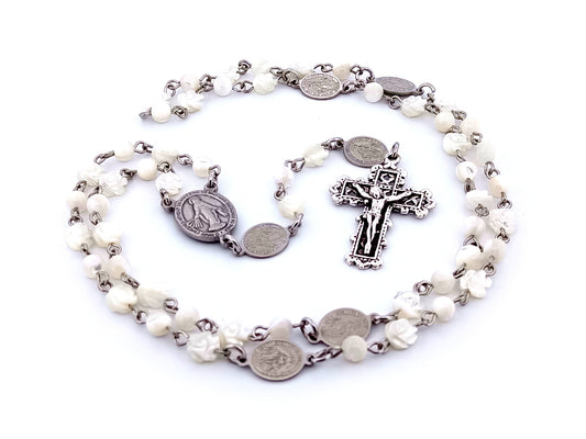 Miraculous medal unique rosary beads  carved mother of pearl rosary beads with linking stainless steel Miraculous medals and lattice crucifix.