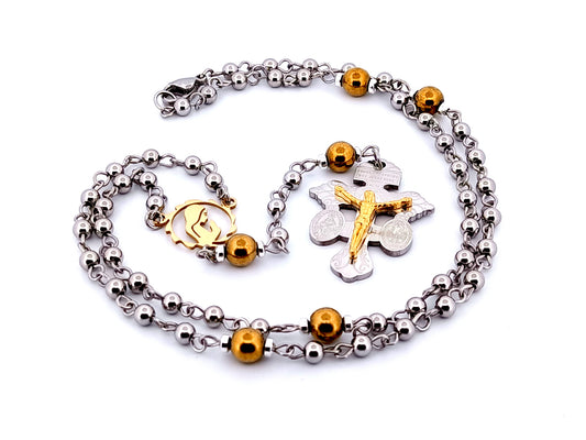 Miniature Virgin Mary unique rosary beads stainless steel wearable rosary bead necklace with stainless steel and gold plated etched pardon crucifix.