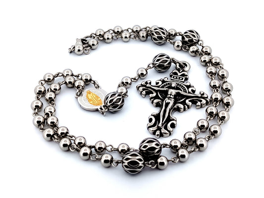 Saint Benedict unique rosary beads stainless steel wearable rosary bead necklace with stainless steel trellis Our Father beads.