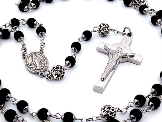 Miraculous medal unique rosary beads onyx gemstone rosary beads with stainless steel Saint Benedict box design crucifix.