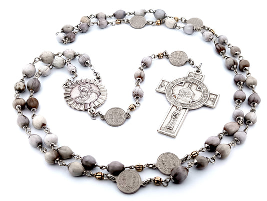 Virgin Mary and Child Jesus unique rosary beads Jobs tears rosary beads with Saint Francis of Assisi prayer crucifix with Saint Benedict linking medals.