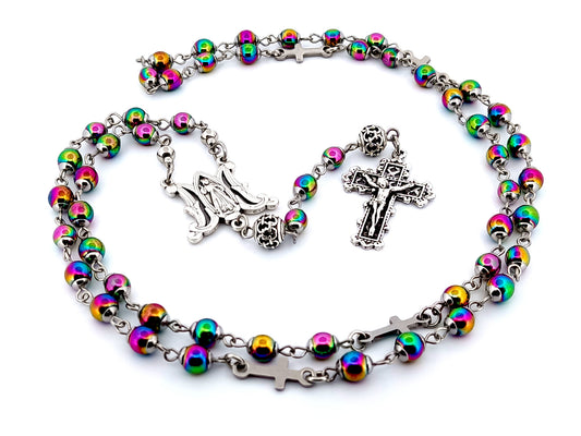 Divine Mercy multi coloured unique rosary beads hematite gemstone rosary beads with lattice crucifix and Our Father beads.