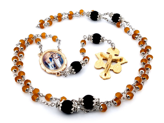 Our Lady of Good Success and Mother Mariana of Jesus unique rosary beads glass rosary beads with onyx gemstones and gold plated stainless steel etched pardon crucifix with Miraculous medal.