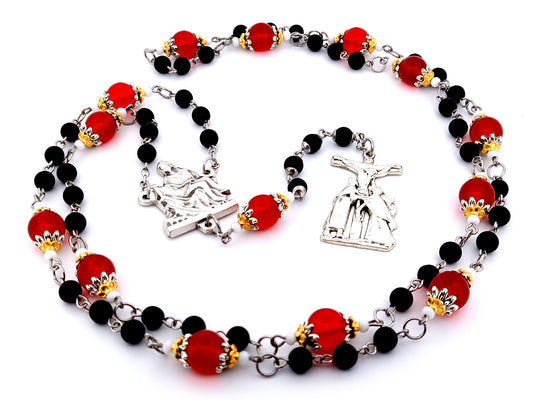 Passion of Christ unique rosary beads ruby and onyx gemstone Way of the Cross prayer chaplet with Saint John and Mary crucifix.