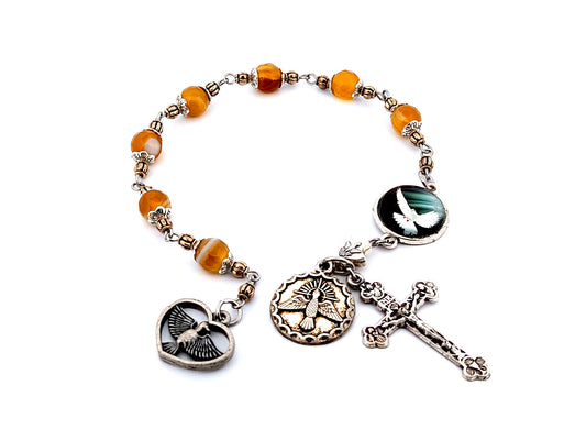 Holy Spirit unique rosary beads faceted agate gemstone prayer chaplet with Holy Trinity crucifix and Holy Spirit medal.