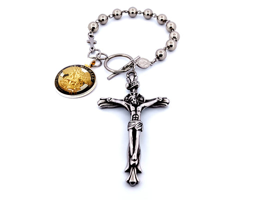 Saint Michael unique rosary beads stainless steel single decade rosary beads with Miraculous medal and large stainless steel  crucifix.