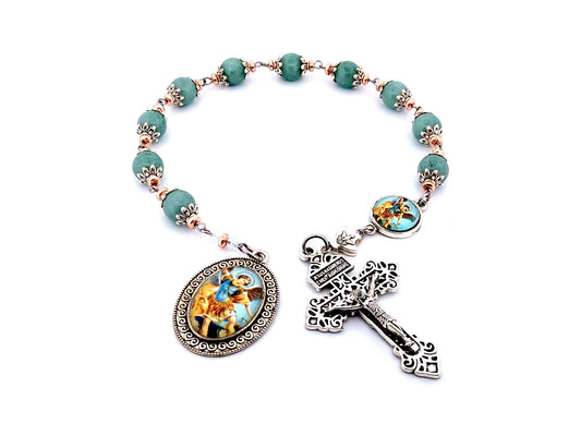 Saint Michael unique rosary beads aquamarine gemstone single decade rosary beads with pardon crucifix Holy Spirit medal.