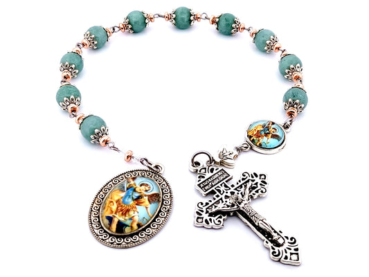 Saint Michael unique rosary beads aquamarine gemstone single decade rosary beads with pardon crucifix Holy Spirit medal.