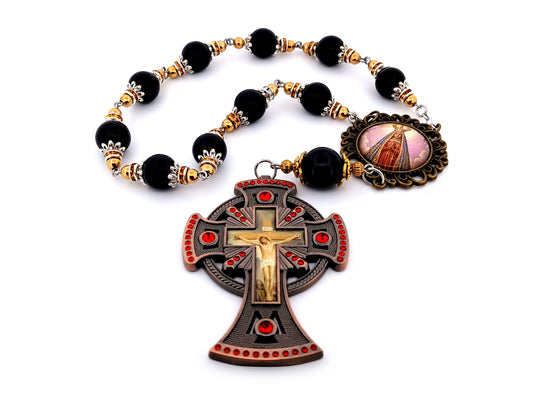 Our Lady of Charity unique rosary beads vintage style onyx gemstone single decade rosary beads with large copper picture crucifix.